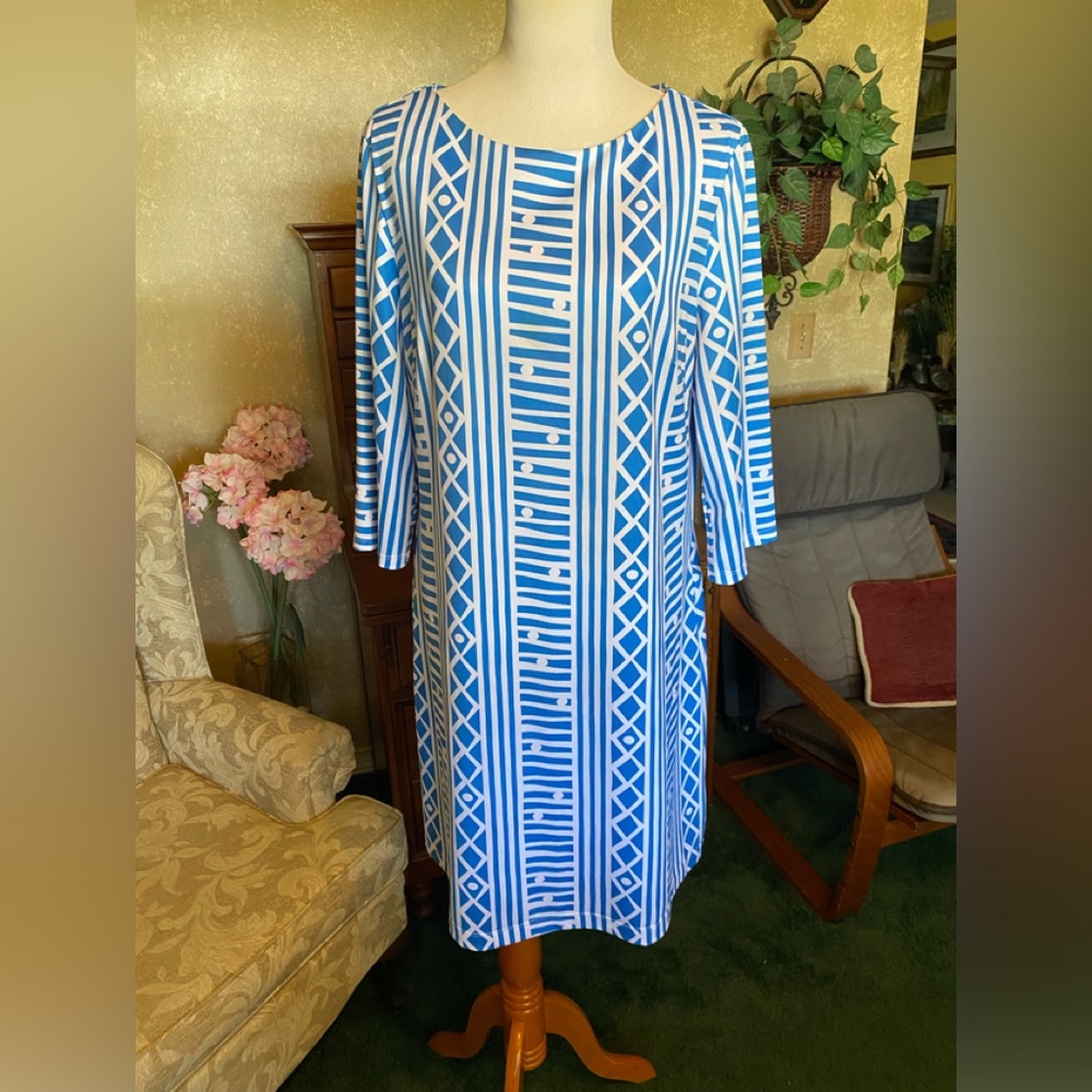 Blue & White Geometric Pattern Pullover Dress (Co… - image 1